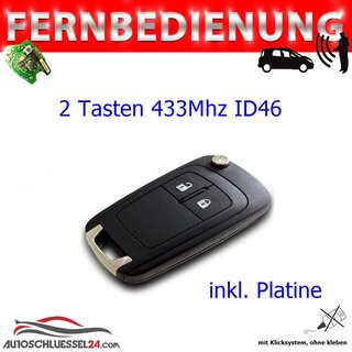 Ersatz Fernbedienung geeignet fr Opel  - 2 Tasten 433 MHz ID46 geeignet fr Astra J 2008-2014 - 2 Tasten - 433 MHz