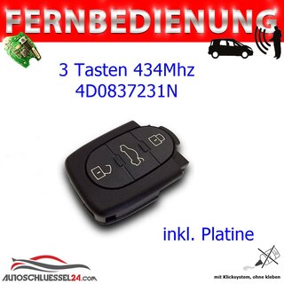 Ersatz Fernbedienung geeignet für Audi - 3 Tasten 434MHz, N Typ, 4D0837231N geeignet für A3, A4, A6, A8, TT, RS4