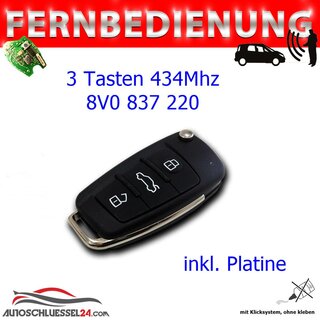 Ersatz Fernbedienung geeignet für Audi - 3 Tasten 434MHz, 8V0 837 220 D, Keyless, HU66, ID48 geeignet für A1, S1, Q3,A3