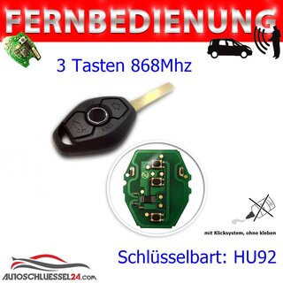 Ersatz Fernbedienung geeignet für BMW -3 Tasten 868 MHz CAS 2  HU92