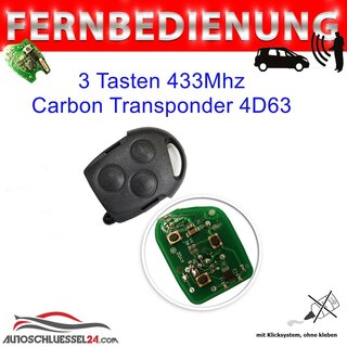 Ersatz Fernbedienung geeignet für Ford  - 3 Tasten - 433 MHz mit Carbon Transponder 4D63, Transit Connect, Focus, Mondeo, C-Max, S-Max, Fiesta
