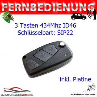 Ersatz Fernbedienung geeignet fr Fiat 3 Tasten 433 Mhz SIP22 ID46 7941  geeignet fr Panda (2006-2011)