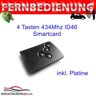 Ersatz Fernbedienung geeignet für Renault - 4 Tasten 434 MHz, ID46 PCF7952A Smartcard  geeignet für Megane 3 2009-, Laguna 3 2009-2012, Scenic 3 2009-