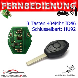 Ersatz Fernbedienung geeignet fr BMW - 3 Tasten 434Mhz, HU92, ID46 PCF7945, CAS 2