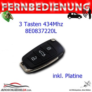 Ersatz Fernbedienung geeignet für Audi - 3 Tasten 434Mhz, 8E0837220L,T,F,G,H,R,E, HU66, ID48 geeignet für A4