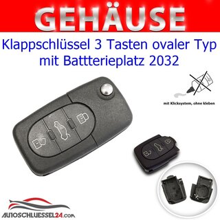 Ersatz Klappschlüsselgehäuse geeignet für Volkswagen - 3 Tasten oval mit Batteriefach 2032, HU66