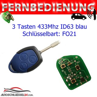 Ersatz Fernbedienung geeignet für Ford  - 3 Tasten - 433 MHz FO21 Rohling ID63 Blau geeignet für Ford Transit 2006-2014