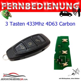 Ersatz Fernbedienung geeignet für Ford - 3 Tasten - 433 MHz HU101 4D63 Carbon, KEYLESS entry geeignet für Mondeo, C-Max, Focus, Kuga