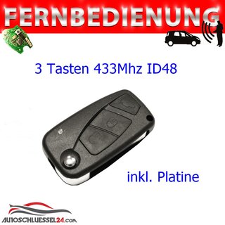 Ersatz Fernbedienung geeignet für Fiat - 3 Tasten 433 MHz SIP22 ID48  mit Transponder Universal