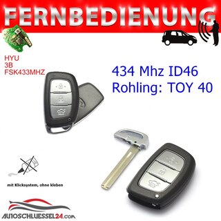 Ersatz Fernbedienung geeignet für Hyundai - 3 Tasten 434 MHz TOY40 Rohling, ID46  Smartcard Keyless IX35