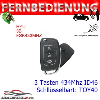 Ersatz Fernbedienung geeignet für Hyundai - 3 Tasten, 434 MHz, TOY40 Rohling, ID46 7936, Klappschlüssel IX35