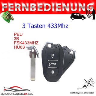 Ersatz Fernbedienung geeignet für Peugeot - 3 Tasten 433 MHz 7945 HU83 ID46