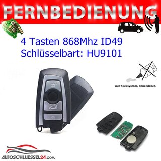 Ersatz Fernbedienung geeignet für BMW - 4 Tasten 868MHz, HU9101, ID49 Smartcard geeignet für F Series KEYLESS