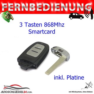 Ersatz Fernbedienung geeignet für Audi - 3 Tasten, 868Mhz, Smartcard geeignet A6, A8, Q3,Q5,Q7 KEYLESS